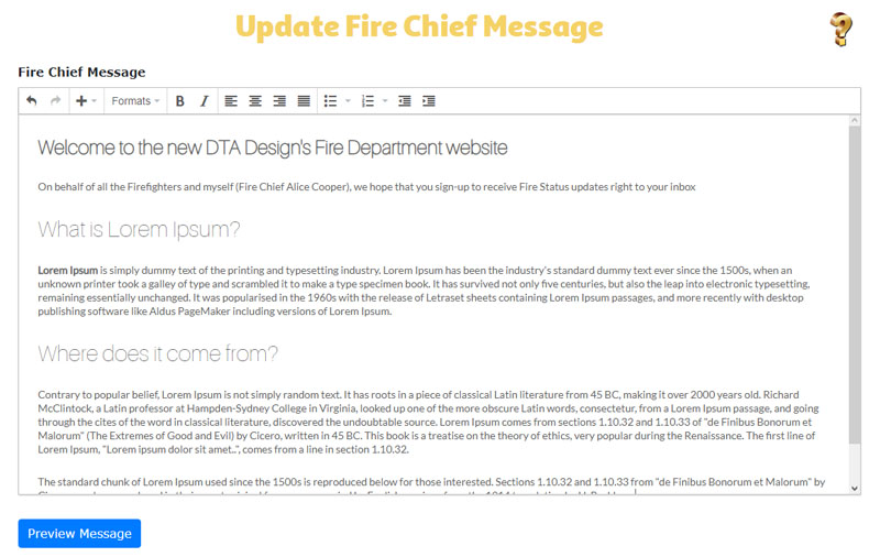 Fire Chief Message Screen