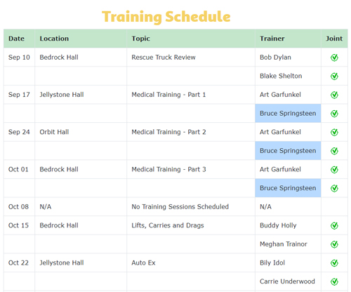 Training Schedule Screen